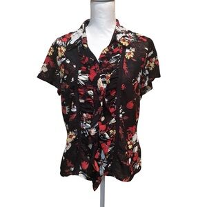 Emma James Floral Black Multi Color Short Sleeve Ruffle Button-up Blouse Top  14
